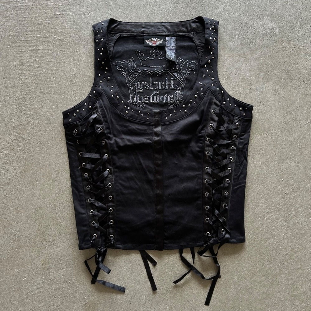 Vintage Harley Davidson Corset Vest Women Medium Black Y2K Lace Up Studded Crown